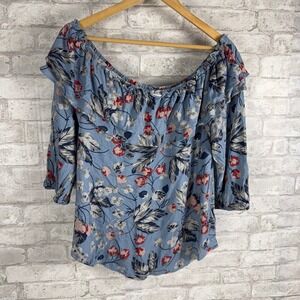 Ralph Lauren Linen Blend XL Floral Off Shoulder Ruffle 3/4‎ Sleeve Top Preppy
